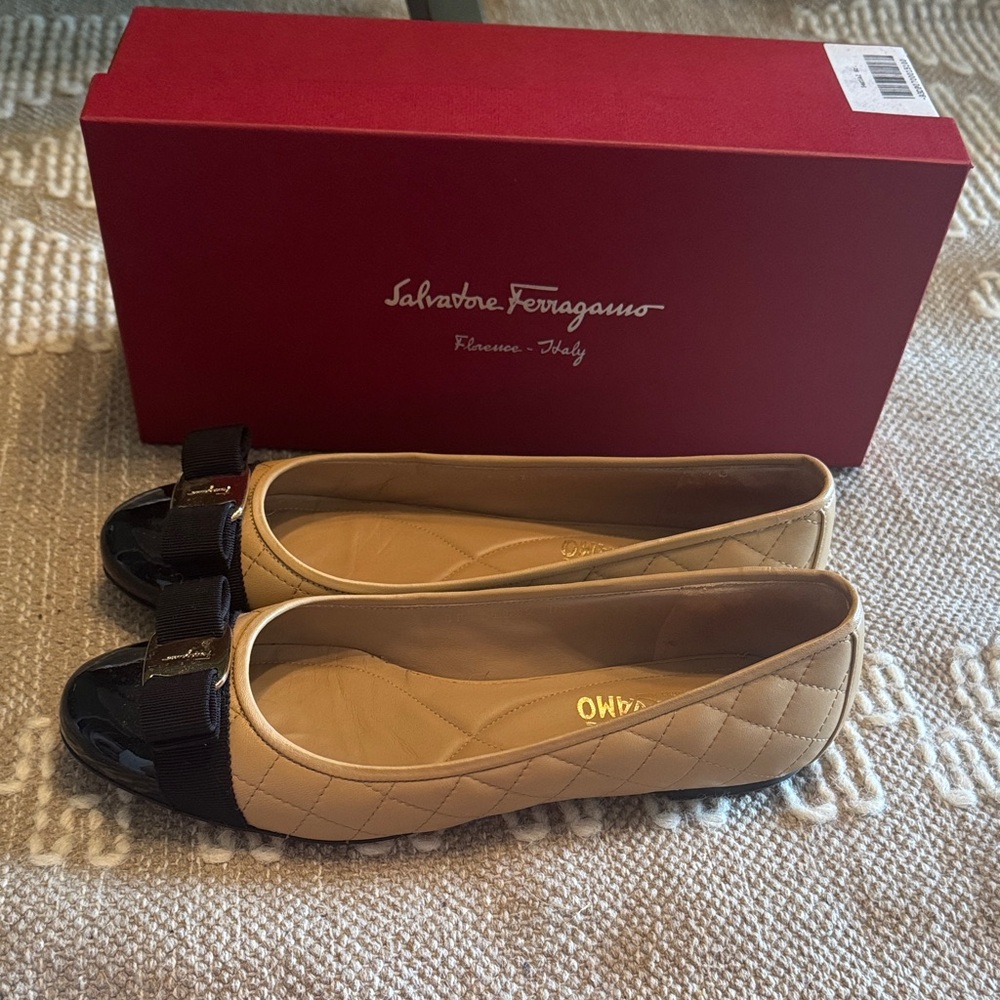 Salvatore Ferragamo Varina Quilted Black and Tan Cap Toe Ballet Flats
